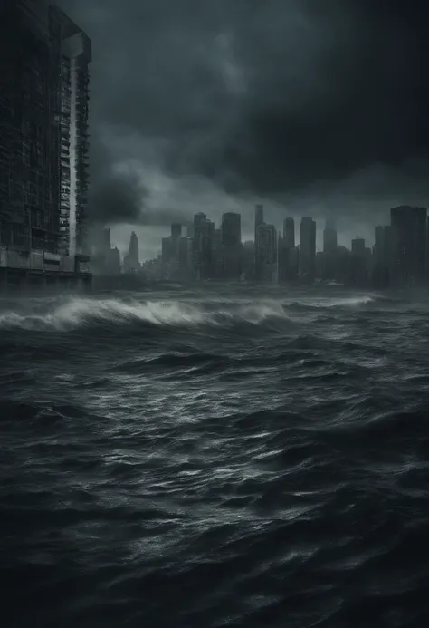 Create a cinematic cityscape，A huge monster in the sea，Flooded half of the high-rise buildings，Dilapidated buildings，，Faint lights and towering tsunami waves pound the citys skyline. The lens should capture the absolute power and destructive power of the w...