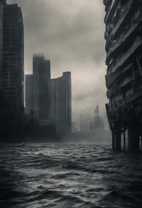 Create a cinematic cityscape，A huge monster in the sea，Flooded half of the high-rise buildings，Dilapidated buildings，，Faint lights and towering tsunami waves pound the citys skyline. The lens should capture the absolute power and destructive power of the w...