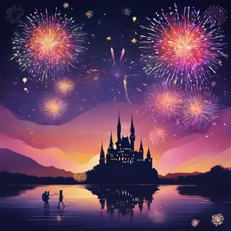 ，masterpiece, best quality，8k, ultra highres，Late night falls，The sky was gradually engulfed in darkness，The sneaking stars began to twinkle。An old castle stands on top of a rock，Its edges are surrounded by starry fireworks。 The exterior of the castle look...