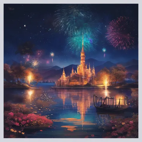 ，masterpiece, best quality，8k, ultra highres，Late night falls，The sky was gradually engulfed in darkness，The sneaking stars began to twinkle。An old castle stands on top of a rock，Its edges are surrounded by starry fireworks。 The exterior of the castle look...