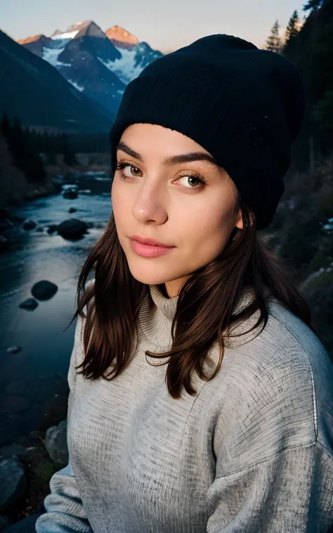 photorealistic, best quality, hyper detailed, beautiful woman, selfie photo, upper body, solo, wearing pullover, outdoors, (night), mountains, real life nature, stars, moon, (cheerful, happy), sleeping bag, gloves, sweater, beanie, flashlight, forest, rock...