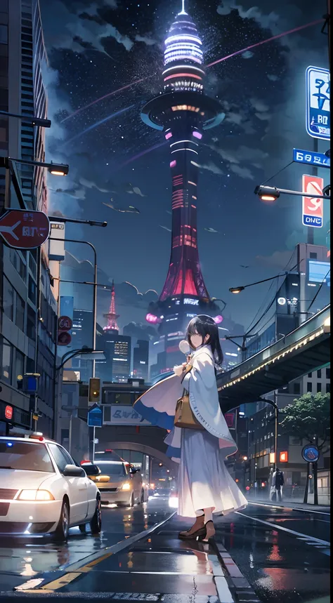 1womanl,Only 12、full body shot of、The beginning of the adventure、Very dark sky、Lots of clouds,Heavy fog、starrysky、large moon,The chaotic city of the future、dystopian、blimp、A group of very tall skyscrapers stands in the center、High brightness radio tower、Cr...