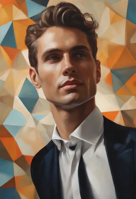 colorful pattern, oil paintings of Flemish Masters, surrealism, beautiful. 
a handsom man, 40 years old, shaven , short curly brown hair.black tight suit, white fit shirt. 
airy, light in contrast, highly detailed, hyperrealistic, ultra HD, vivid colors, h...