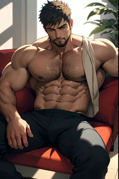 Best quality, masterpiece, expressionless,ultra high res,detailed background,realistic,1man,solo,male,muscular,mature male,short hair,facial hair,sitting,money,sofa, real shadow and light,depth of field, chest, biceps, pecs, abs, tall