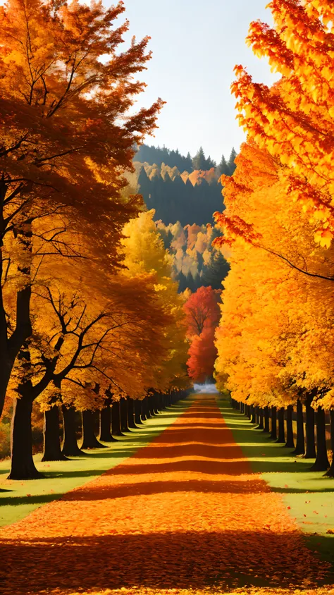 The atmosphere is filled with emotions in landscape pictures. Orange autumn foliage atmosphere