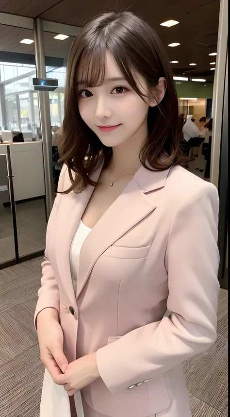 masutepiece, Best Quality, Illustration, Ultra-detailed, finely detail, hight resolution, 8K Wallpaper, Perfect dynamic composition, Beautiful detailed eyes, Office Casual Suit(Light pink color),Medium wavy hair,small tits、Natural Color Lip, Bold sexy pose...