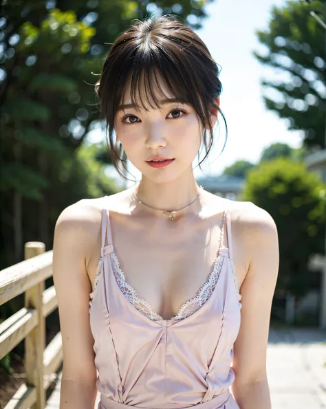 top-quality、女の子 1 a person、large full breasts、tag、with light glowing、blur backgroun、bokeh dof、outside of house、(Street:0.8)、(a person々、Large crowds:1)、(lace-trimmed)doress:1.5、Sleeveless dress、Pink clothes、Pinma Color High Neck Dress:1.2、a gorgeous(short-h...