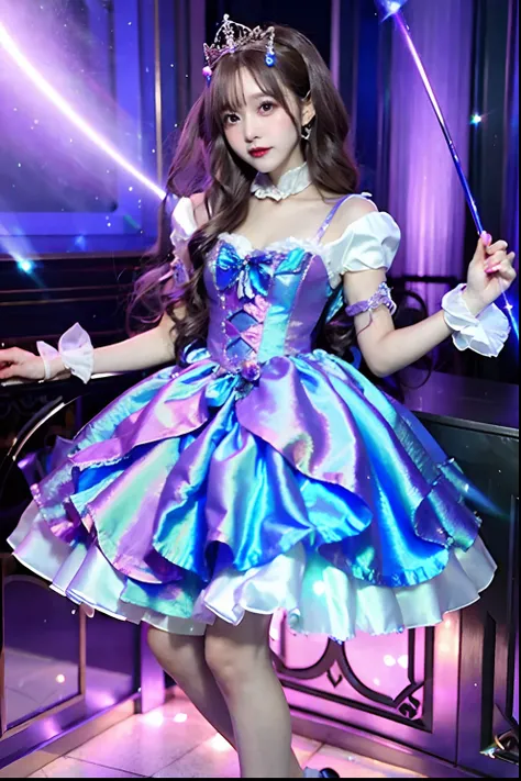 iridescent satin dresses、alafe with a wand and crown, fantasy dress, magical dress, dreamy style, very magical and dreamy, lolit...