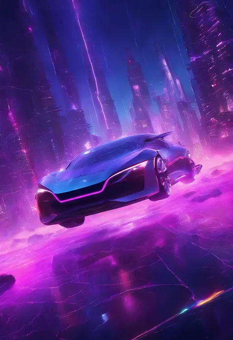 futuristic cars floating above the clouds, neon tones, dark sky, purple lighting, rain, lightning, hyper realistic, highly detailed, 8k