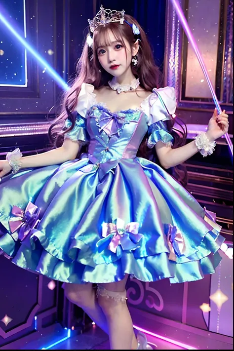 iridescent satin dresses、alafe with a wand and crown, fantasy dress, magical dress, dreamy style, very magical and dreamy, lolit...