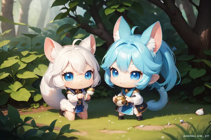 There is a small white squirrel with an acorn in his hand,  Chibichara　A cute girl with blue hair is also with me。It is a cute white and blue costume。Dark eyes。cute forest creature, Adorable Digital Painting, cute detailed digital art, the squirrel king, C...