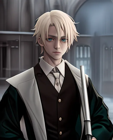 anime image of a man in a suit holding a sword, similar to malfoy, nagito komaeda, hajime yatate, handsome guy in demon slayer a...