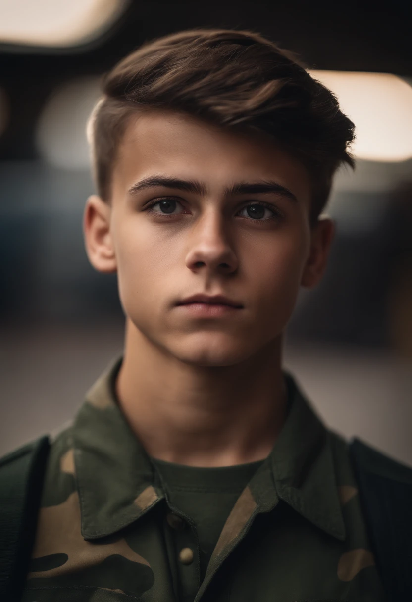 Portrait of a 18 year old teenager boy, big forehead, calm, military haircut