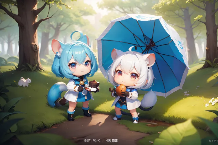 There is a small white squirrel with an acorn in his hand,  Chibichara　A cute girl with blue hair is also with me。It is a cute white and blue costume。Dark eyes。cute forest creature, Adorable Digital Painting, cute detailed digital art, the squirrel king, C...