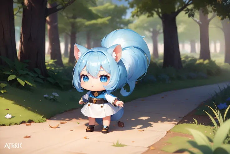 There is a small white squirrel with an acorn in his hand,  Chibichara　A cute girl with blue hair is also with me。It is a cute white and blue costume。Dark eyes。cute forest creature, Adorable Digital Painting, cute detailed digital art, the squirrel king, C...