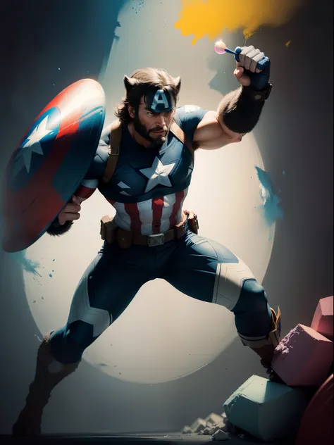 A wolverine as a captain america inside a floating bubble, chalk portrait, chalk illustration, chalk texture, chalk painting, chalk drawing, chalk colors --niji 5`