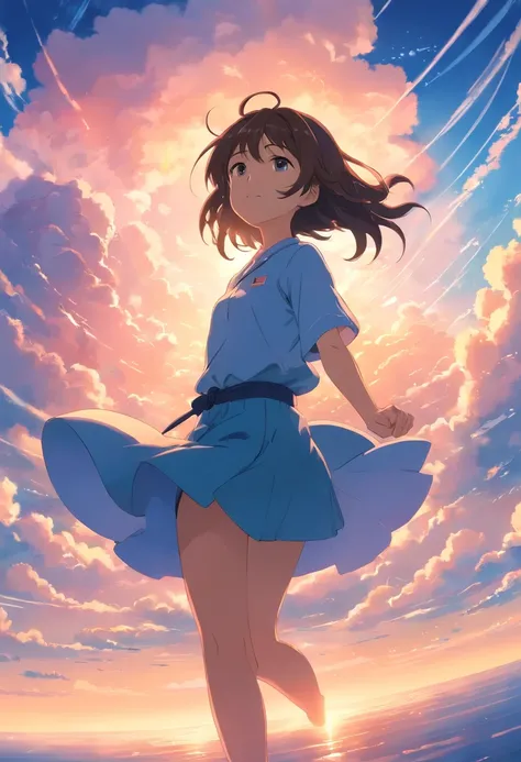 masterpiece, best quality, movie still, 1girl, cloud girl, floating in the sky, close-up, bright, happy, warm soft lighting, sunset, (sparks:0.7)