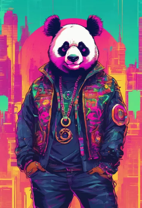 panda, with chains around the neck, vestido com uma camiseta larga preta, estilo gangster, com as maos juntas, orando