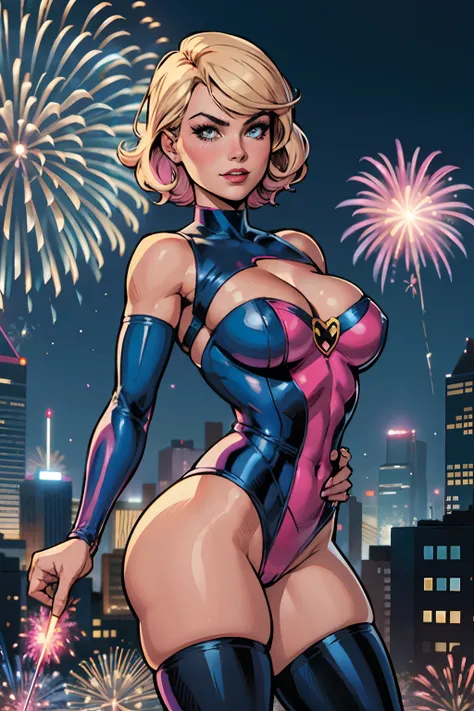 Margot Robie, Barbie pink, DC Comics, dressed as a Goth version of power girl, by Adam Hughes, (sexy), (fireworks: 1), flying