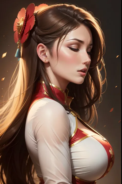 lucy pinder, portrait, profile, chinese outfit, mouth wide open, eyes closed