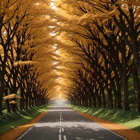 The atmosphere is full of warmth in landscape images.. The atmosphere of orange-colored leaves on the long stretch of road.