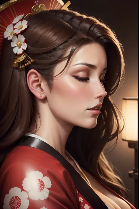 lucy pinder, portrait, profile, mouth wide open, eyes closed, looking up, geisha