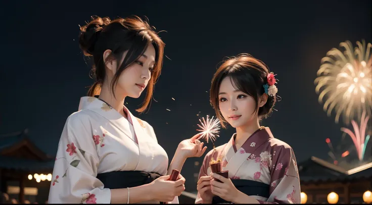 Beautiful mature woman and beautiful girl in yukata doing hand-held fireworks