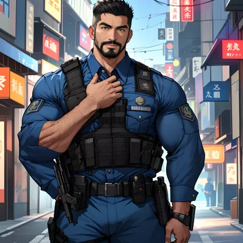 best qualtiy， tmasterpiece， 超高分辨率， detailedbackground， photorealestic， illustratio， Single， 1   boy， Muscle men， sbeard， armed policeman， the street， musculature， Facial hair， Volumetriclighting， depth of fields， Camouflage police uniform