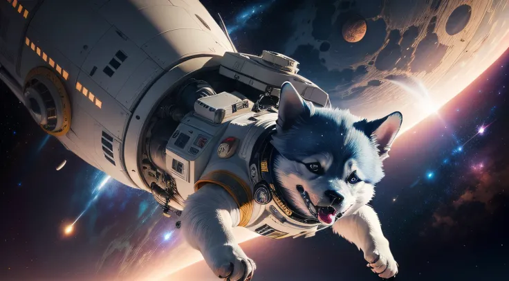 ((Best quality)), ((masterpiece)), ((anime)), detailed space dog, playing in space galaxy, spaceship, sci fi, spaceman, inspired by star wars