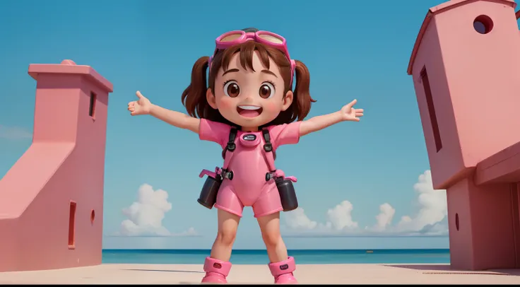 "Frontal image of a 5-year-old girl, standing, happy, with brown hair, brown eyes, rosy cheeks, arms spread out, legs apart, clean background, diving goggles, pink diving suit, diving gloves, diving shoes, in a childrens book illustration style, 2D."