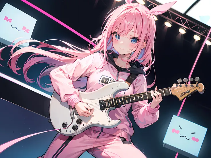 1 girl, pink hair, blue eyes, expressive eyes, pink track suit, smile, blush, playing black electric guitar, looking at viewer, best quality, cute, perfect face, 8k, ray tracing, simple background, stage background, Hitori Gotou (Bocchi), Bocchi the Rock, ...