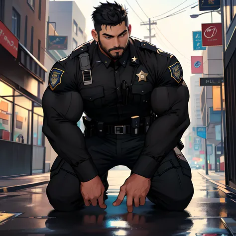 best quality, masterpiece, super high resolution, detailed background, realism, illustration, single, 1 boy, muscle man, street, muscle, facial hair, volumetric lighting, depth of field, black clothes, (black police uniform), kneeling, ((hands on the groun...