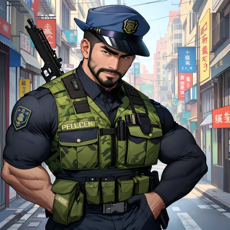 best qualtiy， tmasterpiece， 超高分辨率， detailedbackground， photorealestic， illustratio， Single， 1   boy， Muscle men， sbeard， armed policeman， the street， musculature， Facial hair， Volumetriclighting， depth of fields， Camouflage police uniform