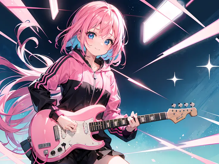 1 girl, pink hair, blue eyes, expressive eyes, pink track suit, smile, blush, playing black electric guitar, looking at viewer, best quality, cute, perfect face, 8k, ray tracing, simple background, stage background, Hitori Gotou (Bocchi), Bocchi the Rock, ...