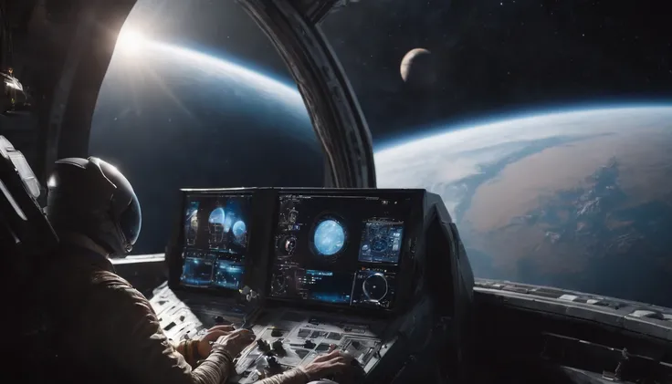 The appearance of the spacecraft. From the window you can see the scenery of the alien planet, The entire space is full of working consoles with electronics and screens, Full-HD