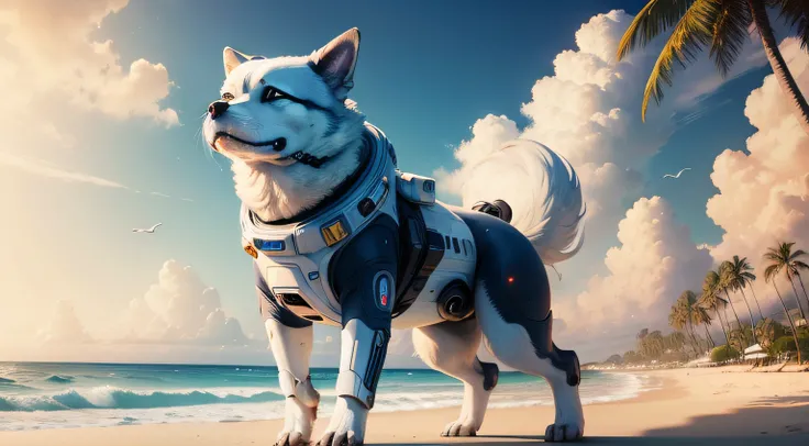 ((Best quality)), ((masterpiece)), ((anime)), detailed space dog full body inspired by movie star wars, playing at a sandy beach dreamy landscape, cloudy sky, huge sea waves, beach cafes, palm trees, coconut trees, sea gulls, space ships, astronauts