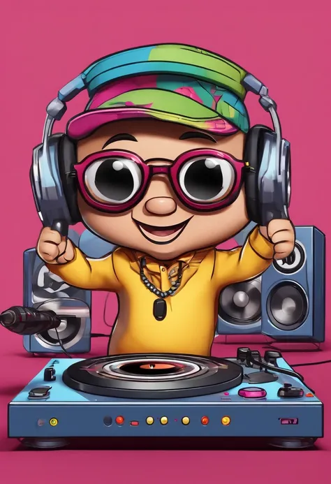 3D cartoon cute and adorable, a happy and smiling DJ music cartoon ,popart  with a microphone on a turntable for a body, big and cute eyes, wearing colorful clothes and glasses.