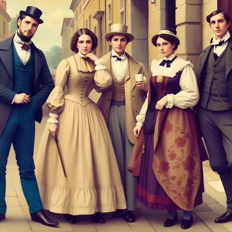 painting of a group of people in period clothes standing on a street, Victorian era, Era vitoriana, estilo vitoriano da inglaterra, usando roupas vitorianas, 1 8 5 0 s roupas da era, usando roupas 1 8 5 0 s, wearing 1890s era clothes, Roupas vitorianas, ve...