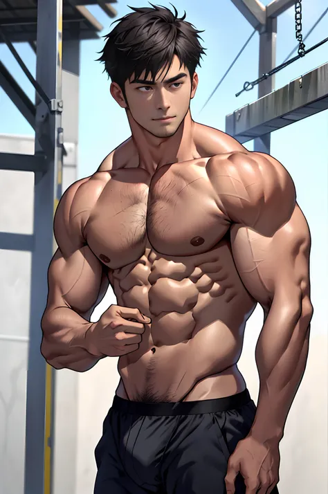 best qualtiy，tmasterpiece，face expressionless，超高分辨率，detailedbackground，realisticlying，1人，独奏，male people，musculous，Mature male，short detailed hair，Handsome looks，pull-up，Real shadows and light，depth of fields，boobgasm，Biceps，chest muscle，Abs，Sports panties，...