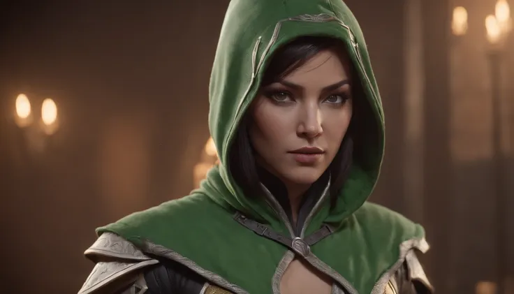 Cinematic soft lighting、Illuminates amazingly detailed and ultra-realistic close-ups of Tati Gabriel in a hooded green costume, Mortal Kombat 11, Jade from Mortal Kombat, In Mortal Kombat, mk ninja, wearing green armor and helmet, akali, fujin, that is tre...