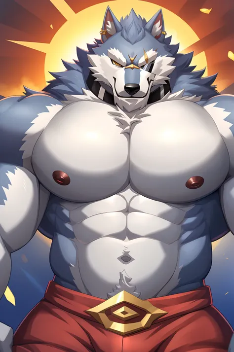 um close up de um desenho animado de um homem com um lobo no peito, lobisomem musculoso, sfw version, peito fofo, commission for...