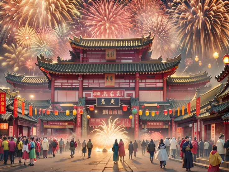 chinese ancient city，festive atmosphere，celebrate the spring festival，brilliant fireworks，huge fireworks，extremely colorful，colo...