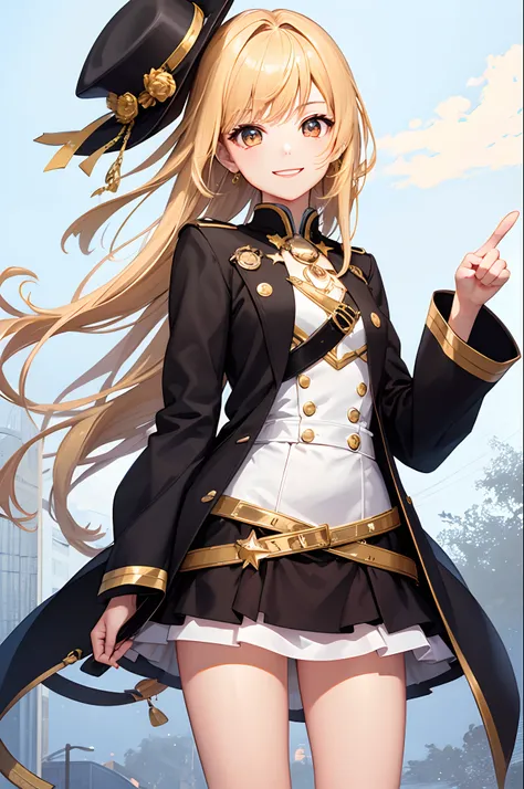 1girl solo、Collapse Starrail、hook、short stature、hat、light golden hair、Golden eyes、a smile、Pointing the index finger、animesque、​masterpiece、top-quality