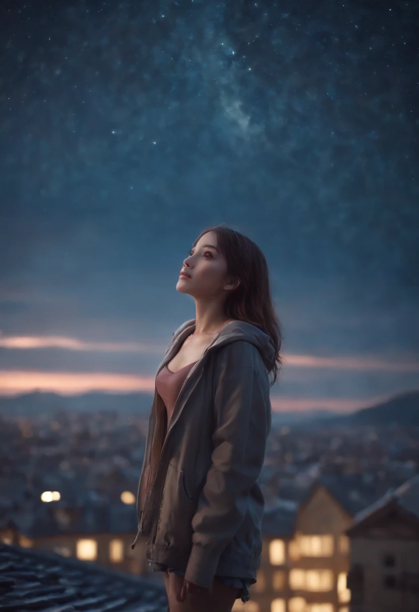 Anime girl standing on roof looking at the night sky with stars, Anime wallpaper 4K, Anime wallpaper 4 k, 4K anime wallpaper, Anime art wallpaper 8 K, Anime art wallpaper 4k, Anime art wallpaper 4 K, style of anime4 K, Makoto Shinkai Cyril Rolando, 4k mang...