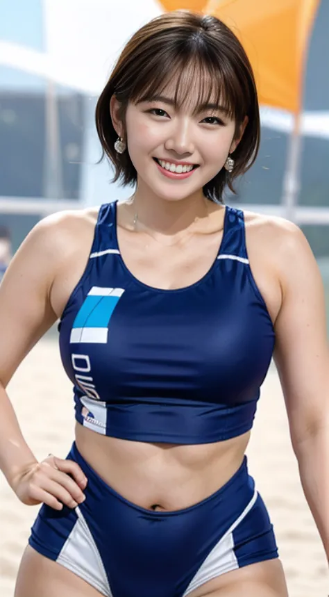 Top quality, masterpiece, super high resolution, smiling Korean girl, very detailed and professional lighting. Beach volleyball, short cut hair, beach, tight sticky thin crop top, sticky metallic colored high leg, dynamic angle, slouching posture, sticking...