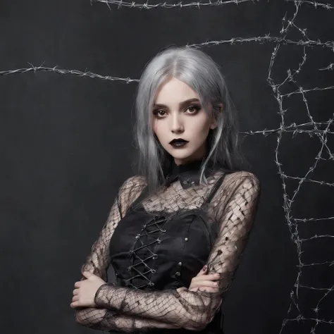 Girl with gothic net symbolic clothes, 。.com (Barbed wire of the body) brunette color hair，Gray hair ends