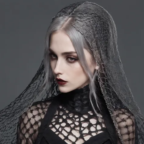 Girl with gothic net symbolic clothes, 。.com (Barbed wire of the body) brunette color hair，Gray hair ends