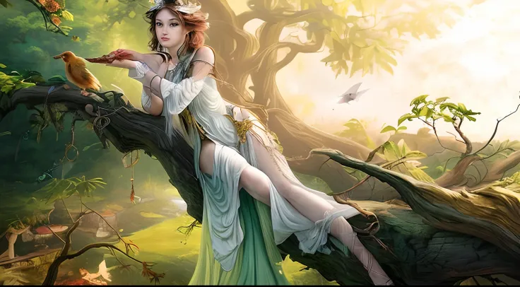 there is a woman sitting on a tree branch with a bird in her hand, beautiful fantasy art, very beautiful fantasy art, beautiful fantasy maiden