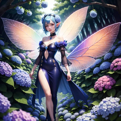 full body, fantasy, (cowboy shots: 1.3), (blue hair), (blue gradient hair), (hydrangea hair ornament), fairy, Transparent fantasy clothes, (transparent fairy feathers), blue skin, pixie ears, (in the Enchanted Forest: 1.3), (blue neon tree), (night: 1.4), ...