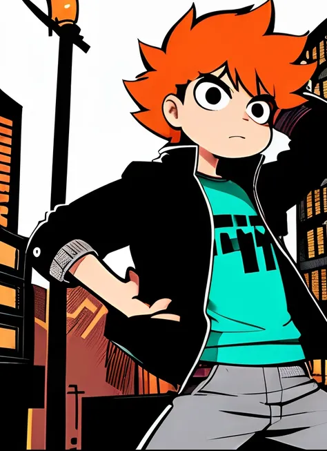 1 boy, in heroic pose, streets, city of Toronto, scottpilgrim, thunderstorm, shirt, open jacket, Orange hair,